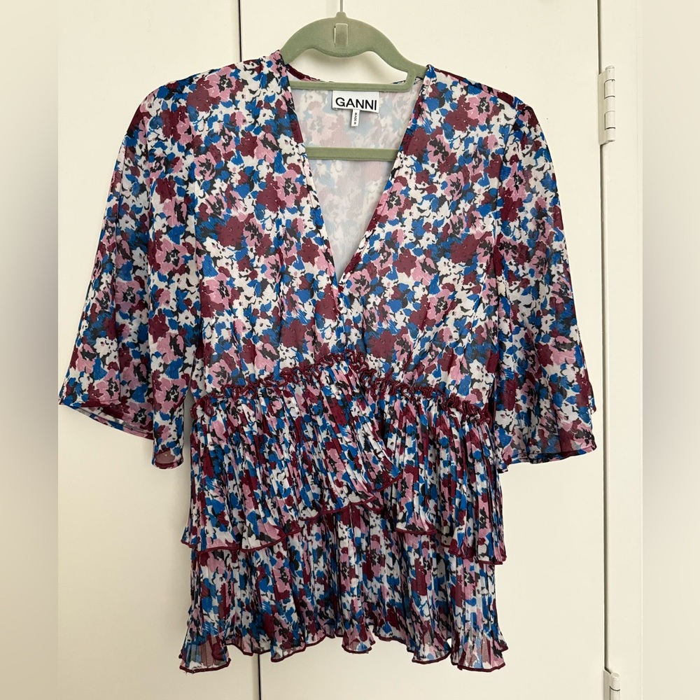 Ganni Multicolor Floral V-Neck Pleated Tiered Blouse